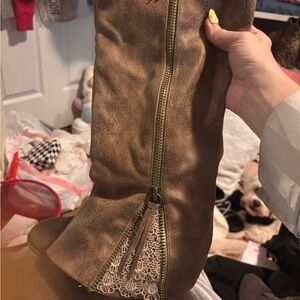 Brown Knee-High Boots with Lace Detail